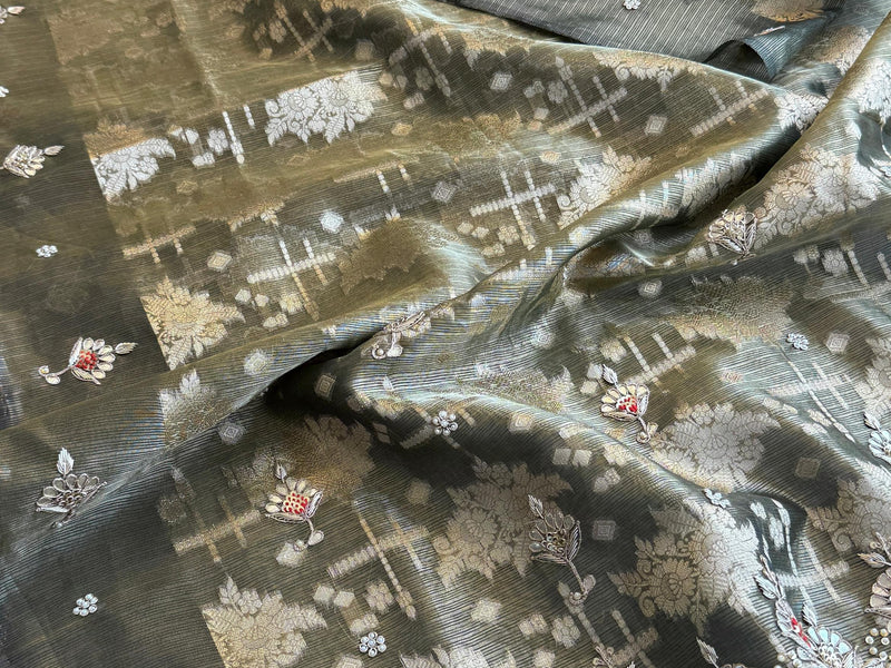 Soft Tissue Banarasi Silk Saree with Pearl & Gotapatti Embroidery