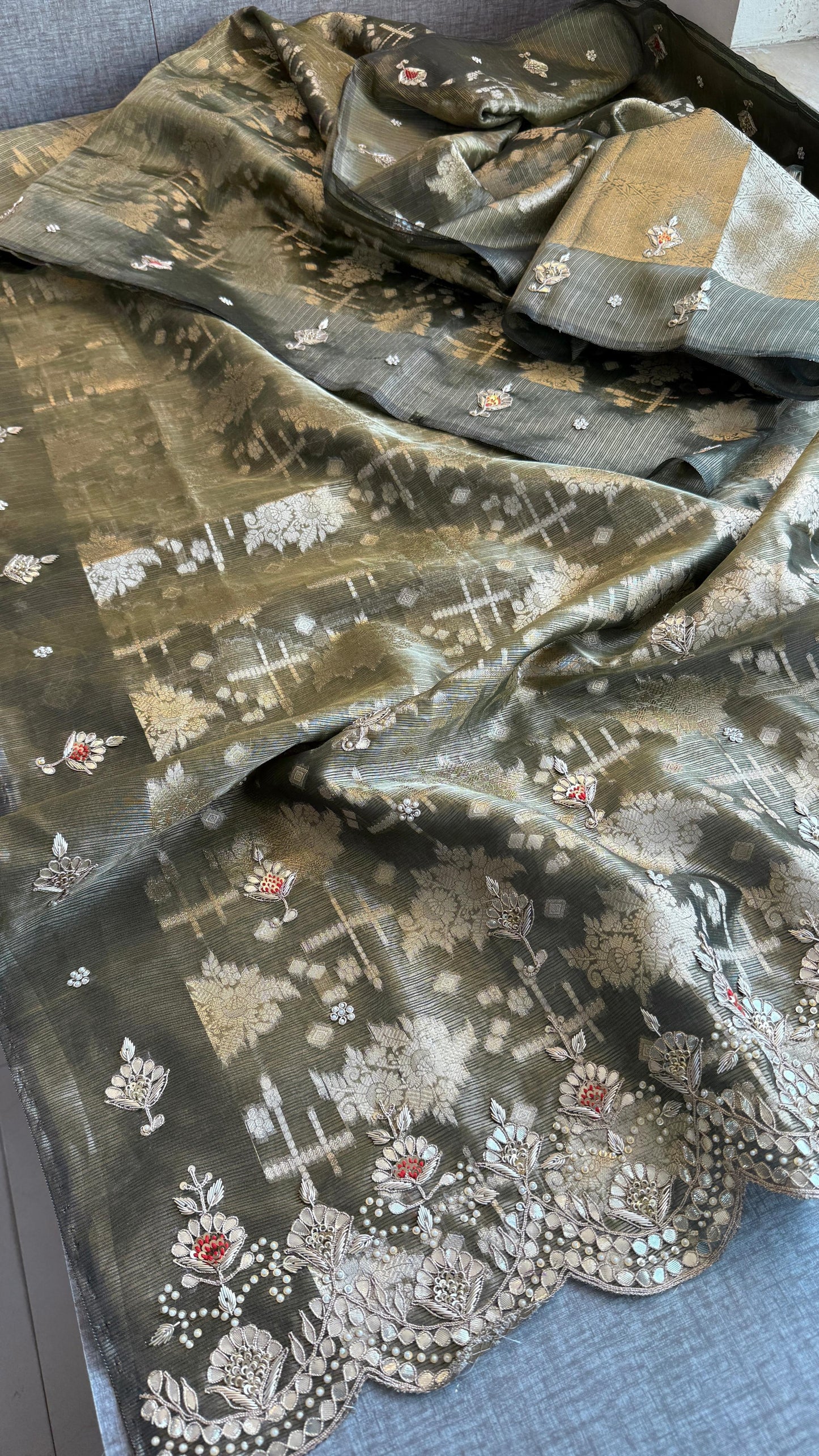 Soft Tissue Banarasi Silk Saree with Pearl & Gotapatti Embroidery