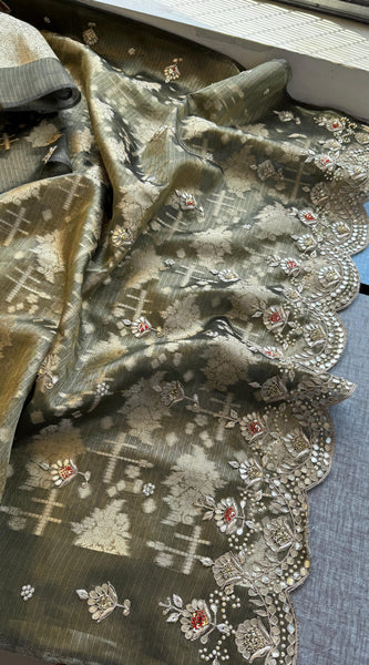 Soft Tissue Banarasi Silk Saree with Pearl & Gotapatti Embroidery