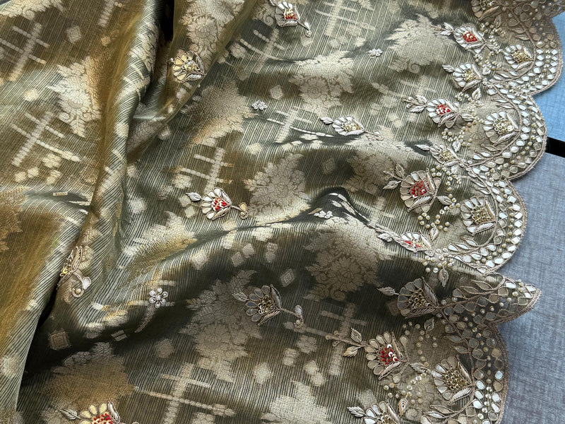 Soft Tissue Banarasi Silk Saree with Pearl & Gotapatti Embroidery