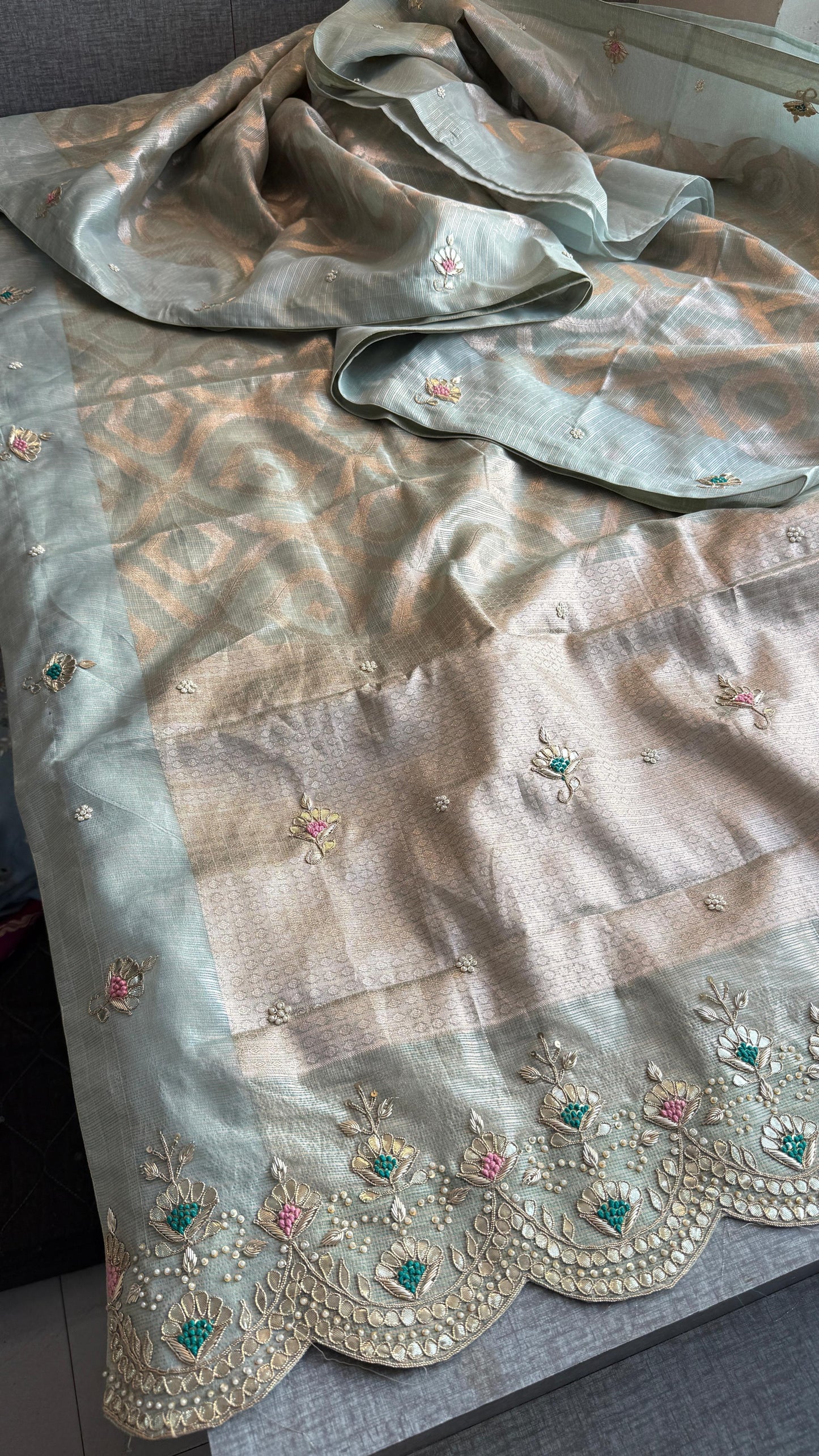 Soft Tissue Banarasi Silk Saree with Pearl & Gotapatti Embroidery
