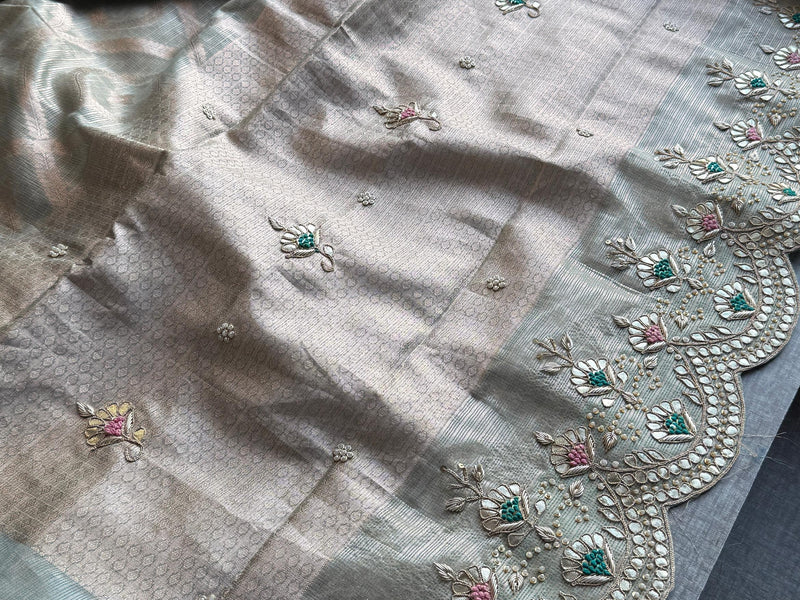 Soft Tissue Banarasi Silk Saree with Pearl & Gotapatti Embroidery