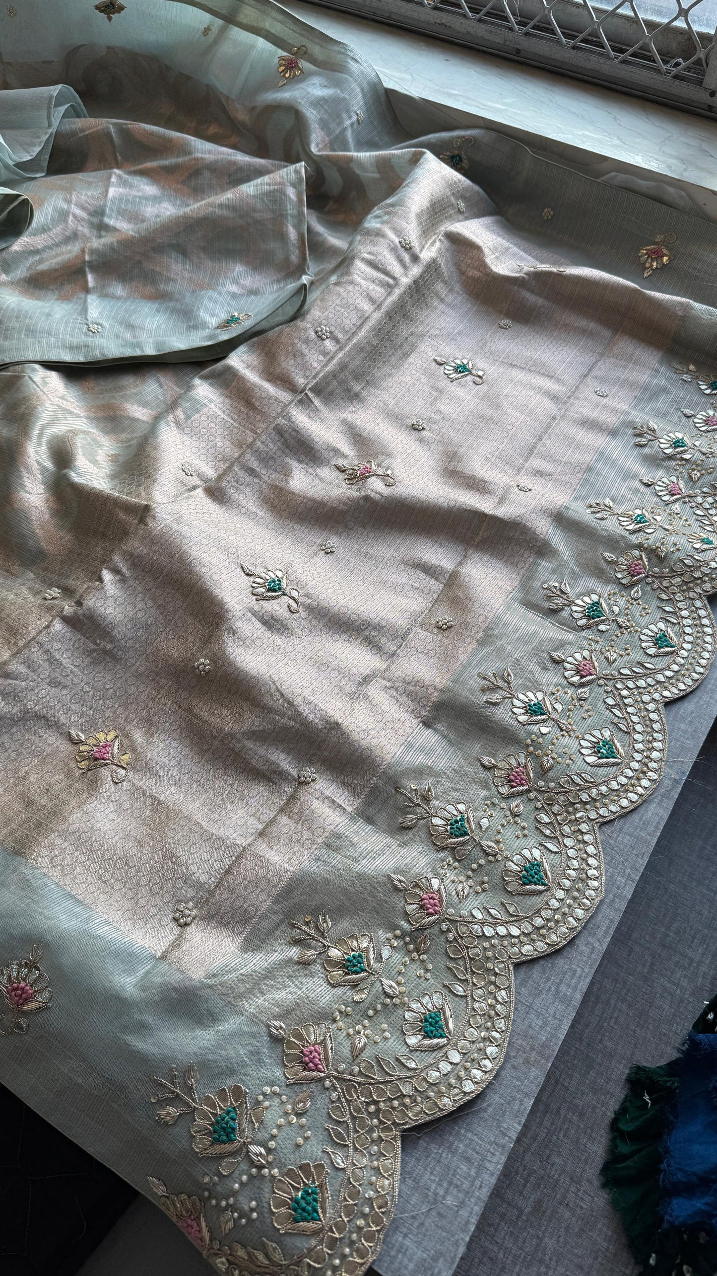 Soft Tissue Banarasi Silk Saree with Pearl & Gotapatti Embroidery