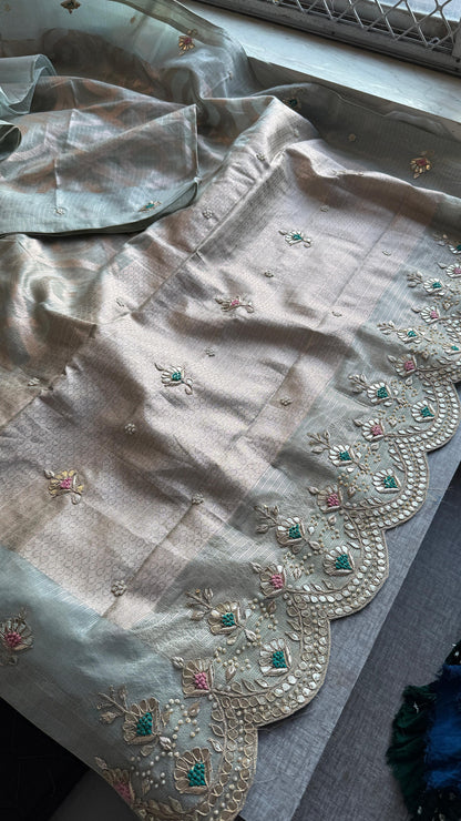 Soft Tissue Banarasi Silk Saree with Pearl & Gotapatti Embroidery