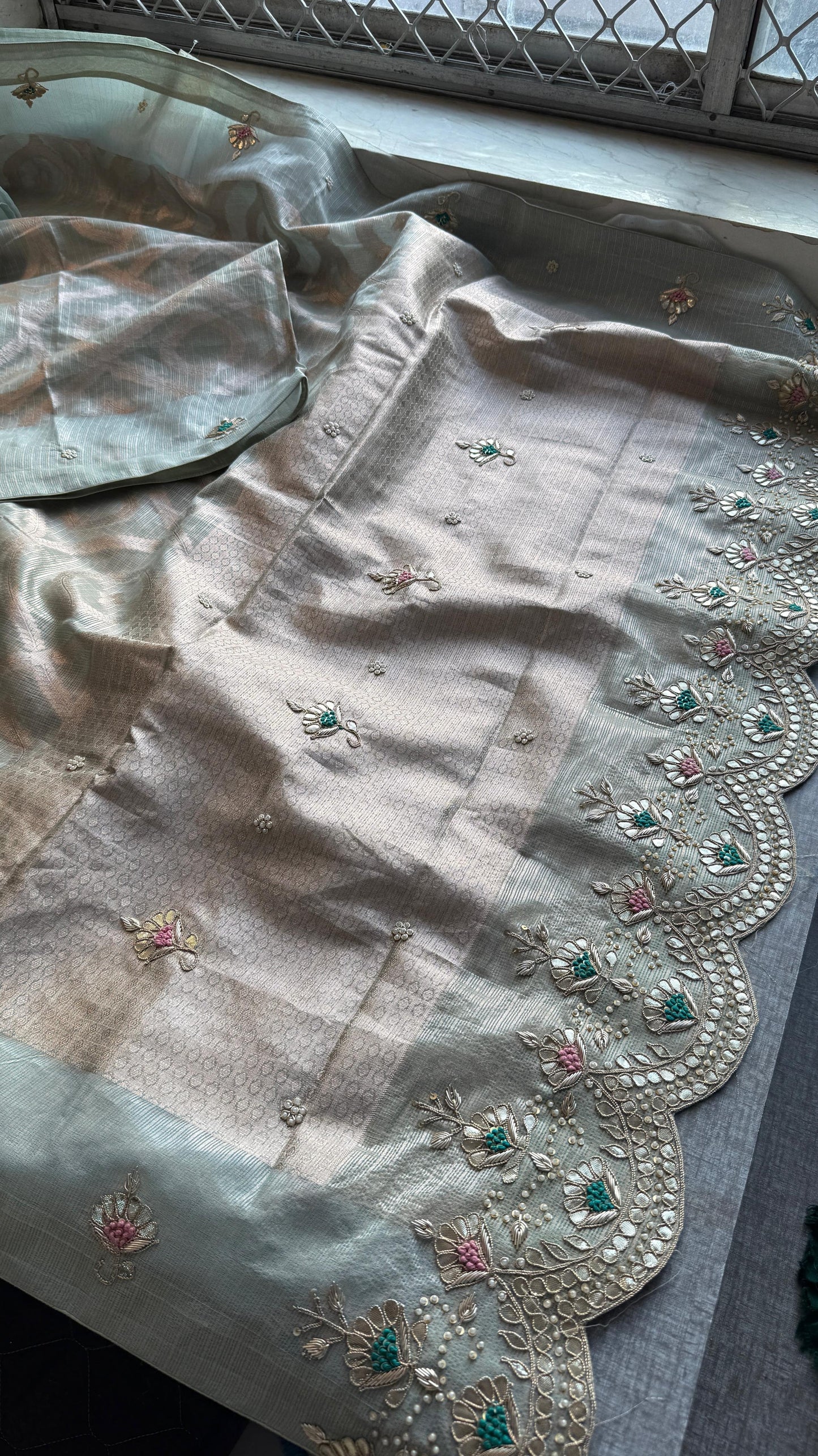 Soft Tissue Banarasi Silk Saree with Pearl & Gotapatti Embroidery