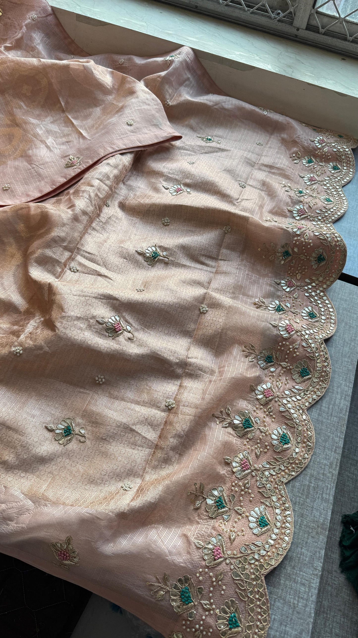 Soft Tissue Banarasi Silk Saree with Pearl & Gotapatti Embroidery