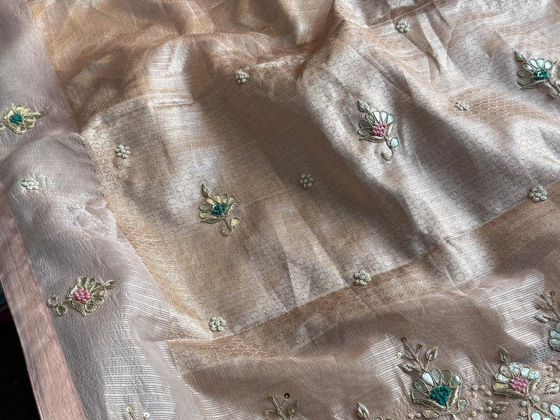 Soft Tissue Banarasi Silk Saree with Pearl & Gotapatti Embroidery