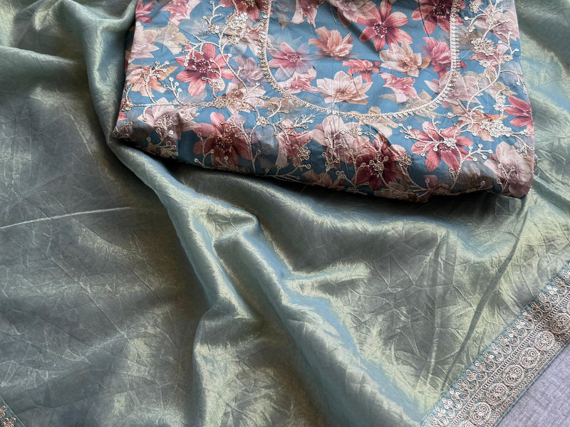 Cosmo Tissue Silk Saree with Zari & Sequins Border Detailing