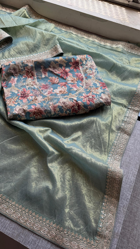 Cosmo Tissue Silk Saree with Zari & Sequins Border Detailing