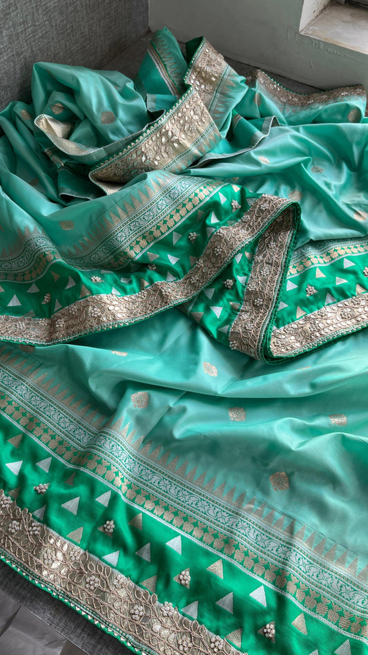 Munga Patola Silk Saree with Gotapatti & Pearl Embroidery