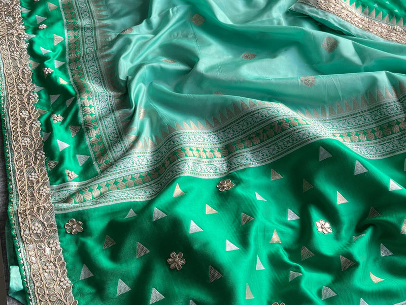Munga Patola Silk Saree with Gotapatti & Pearl Embroidery
