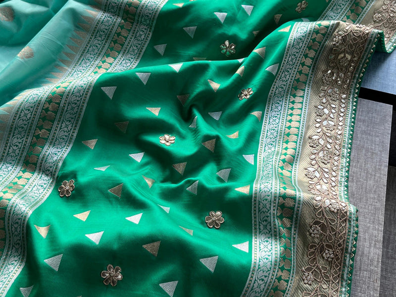 Munga Patola Silk Saree with Gotapatti & Pearl Embroidery