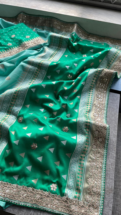 Munga Patola Silk Saree with Gotapatti & Pearl Embroidery