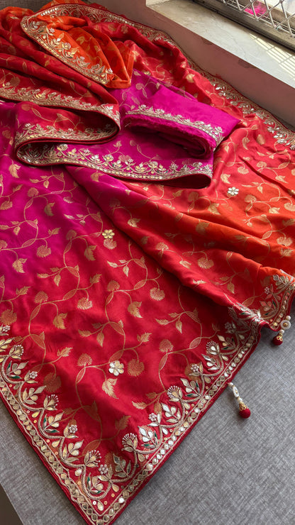 Munga Banarasi Silk Saree with Pearl, Gotapatti & Kutdana