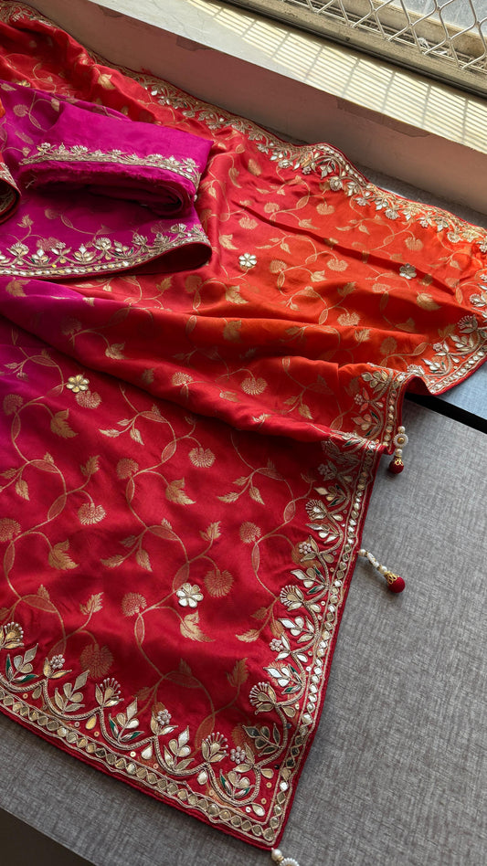 Munga Banarasi Silk Saree with Pearl, Gotapatti & Kutdana