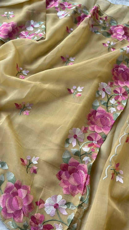 Soft Linen Saree with Multicolor Embroidered Highlights