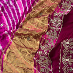 Pure Gajji Silk Leheriya Saree with Pearl & Zardozi Detailing