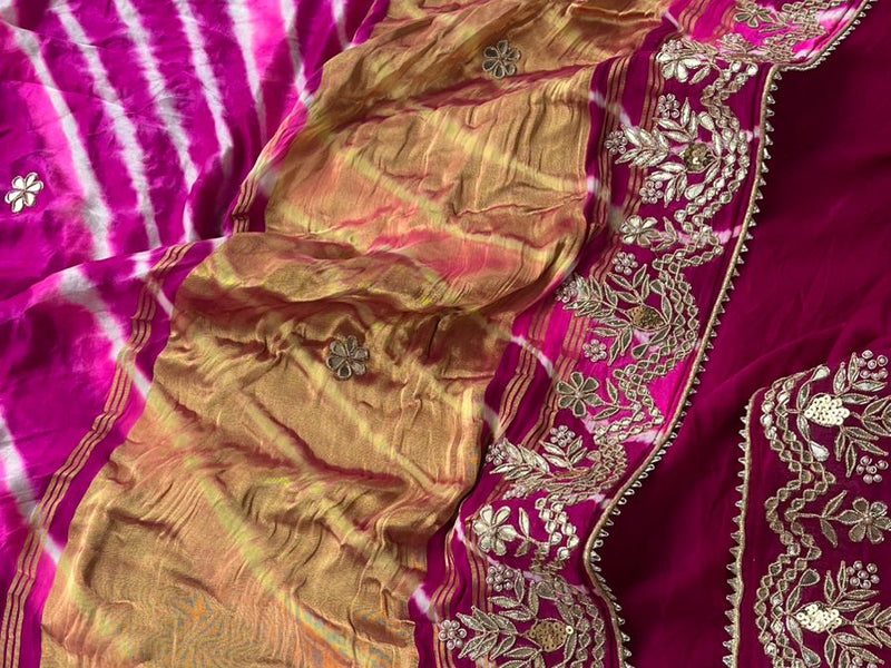 Pure Gajji Silk Leheriya Saree with Pearl & Zardozi Detailing