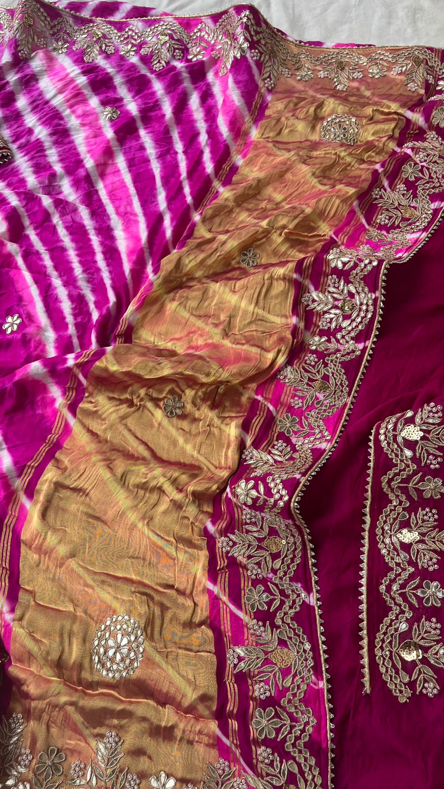 Pure Gajji Silk Leheriya Saree with Pearl & Zardozi Detailing