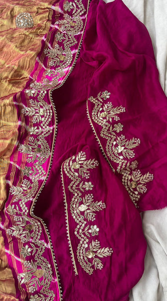 Pure Gajji Silk Leheriya Saree with Pearl & Zardozi Detailing