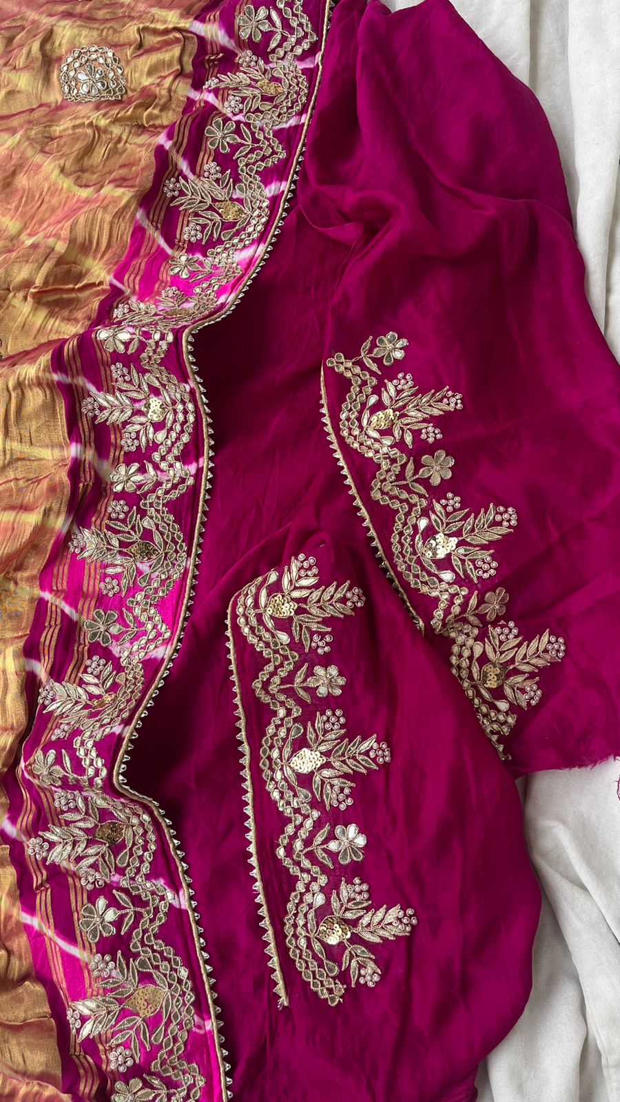 Pure Gajji Silk Leheriya Saree with Pearl & Zardozi Detailing