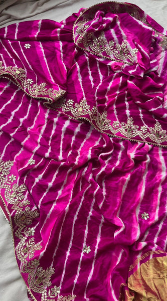 Pure Gajji Silk Leheriya Saree with Pearl & Zardozi Detailing