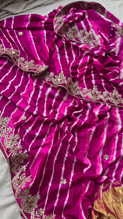 Pure Gajji Silk Leheriya Saree with Pearl & Zardozi Detailing