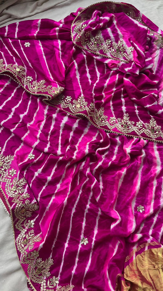 Pure Gajji Silk Leheriya Saree with Pearl & Zardozi Detailing