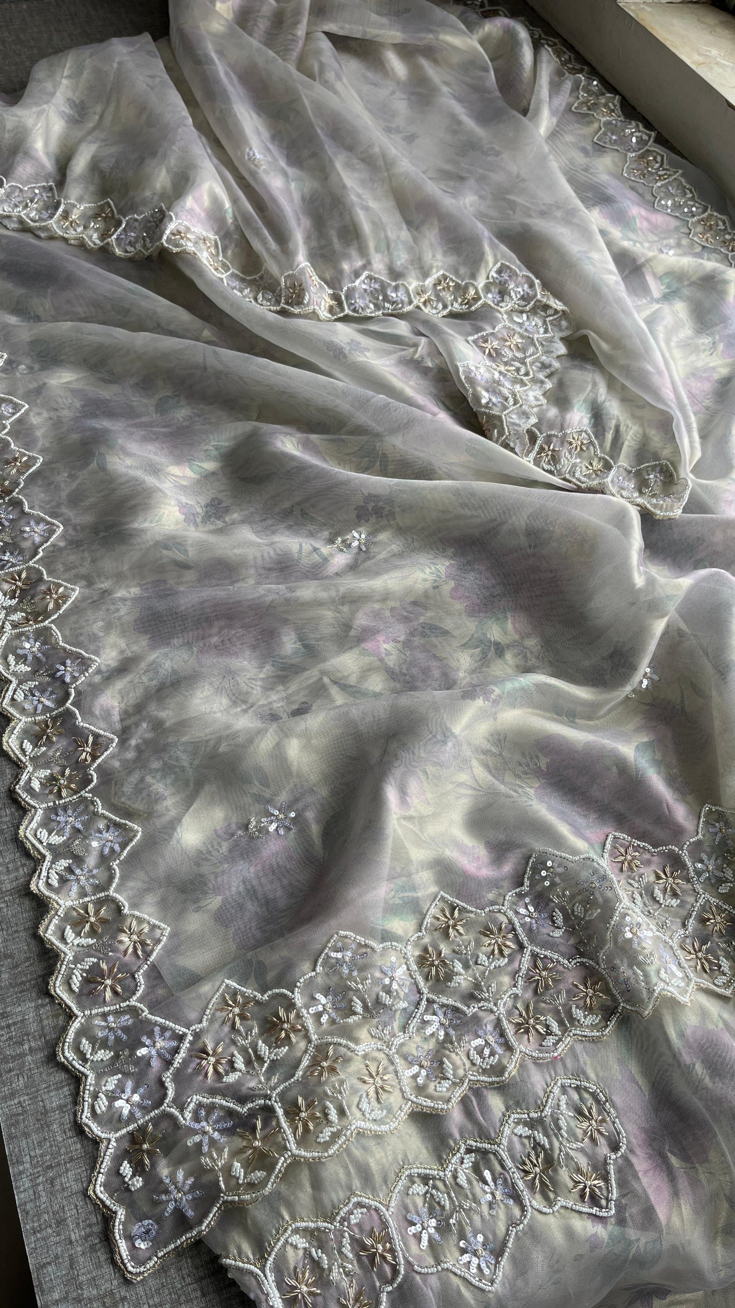 Soft Tissue Net Saree with Zardozi, Pearl & Kutdana Embroidery