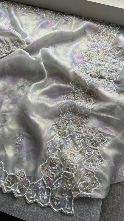 Soft Tissue Net Saree with Zardozi, Pearl & Kutdana Embroidery