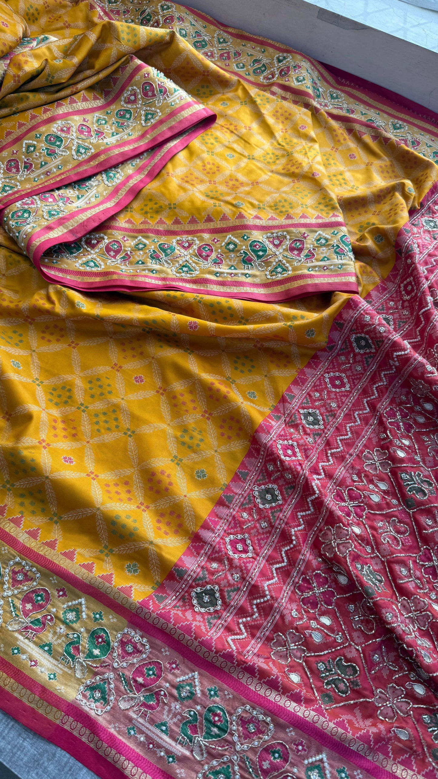 Patola Munga Banarasi Silk Saree with Zardozi & Pearl Work