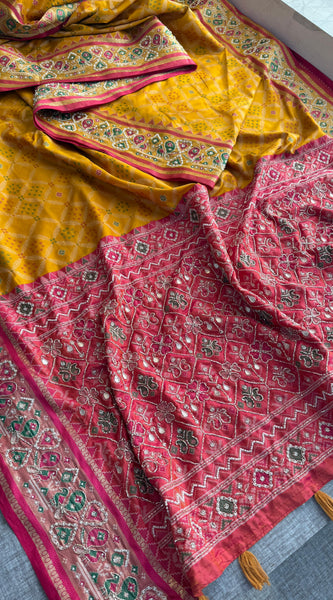 Patola Munga Banarasi Silk Saree with Zardozi & Pearl Work