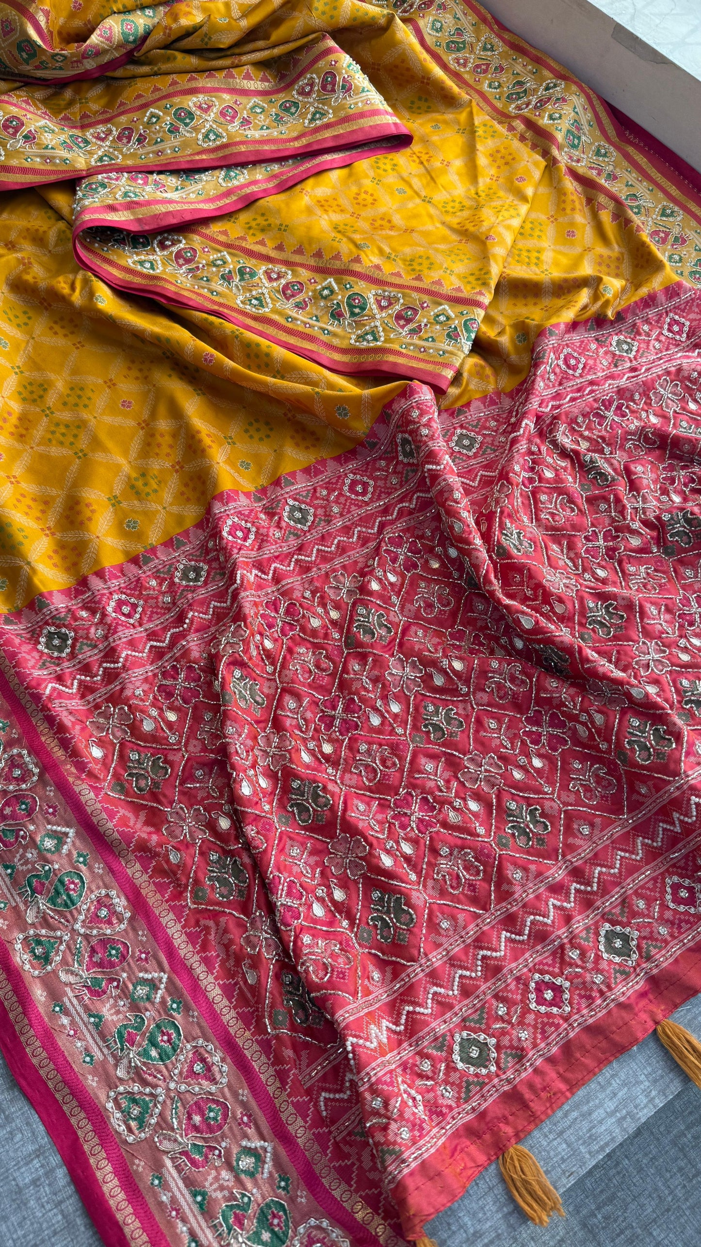 Patola Munga Banarasi Silk Saree with Zardozi & Pearl Work