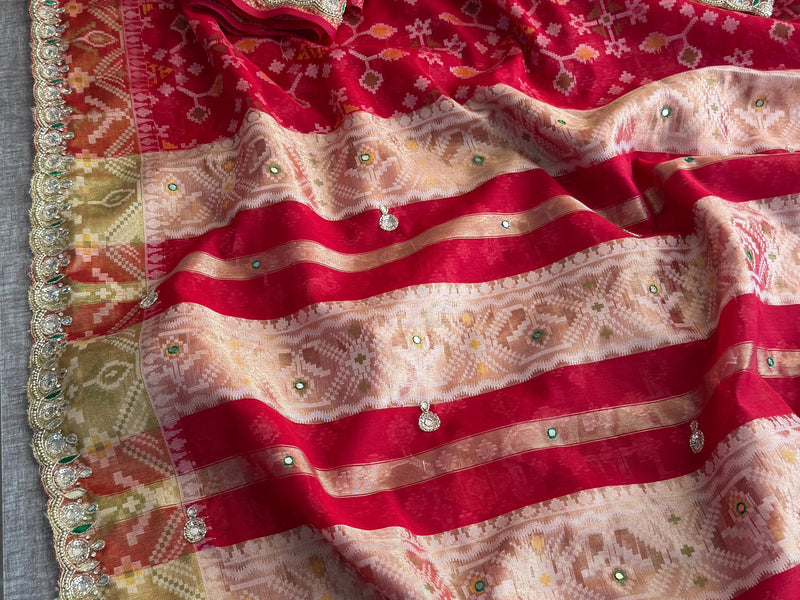 Soft Organza Saree with Pittan & Resham Hand Embroidery