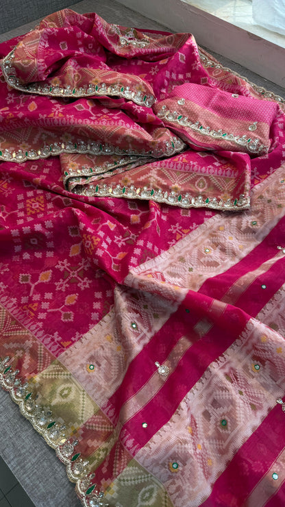 Soft Organza Saree with Pittan & Resham Hand Embroidery
