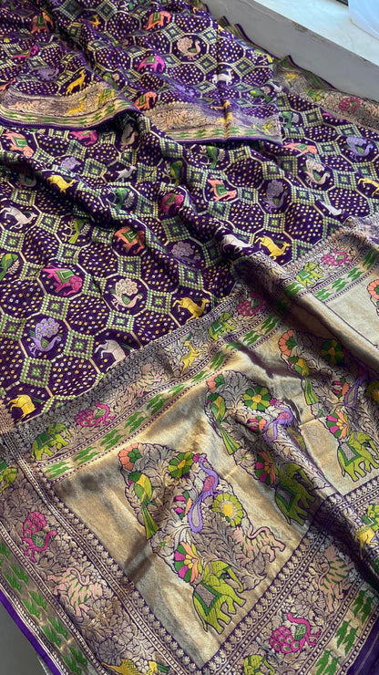 Pure Heavy Khaddi Georgette Saree with Bandhani & Meena Banarasi Weaving