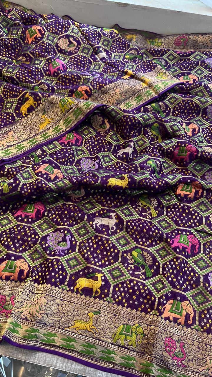 Pure Heavy Khaddi Georgette Saree with Bandhani & Meena Banarasi Weaving