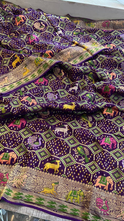 Pure Heavy Khaddi Georgette Saree with Bandhani & Meena Banarasi Weaving