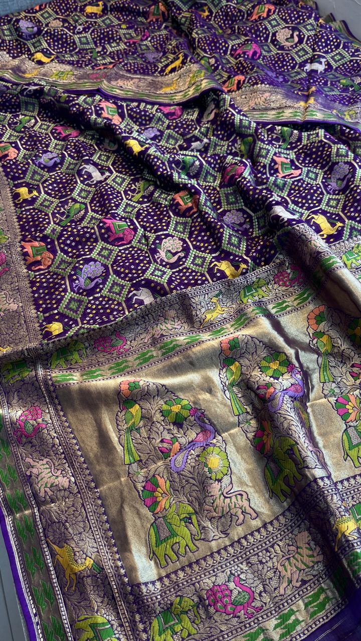 Pure Heavy Khaddi Georgette Saree with Bandhani & Meena Banarasi Weaving
