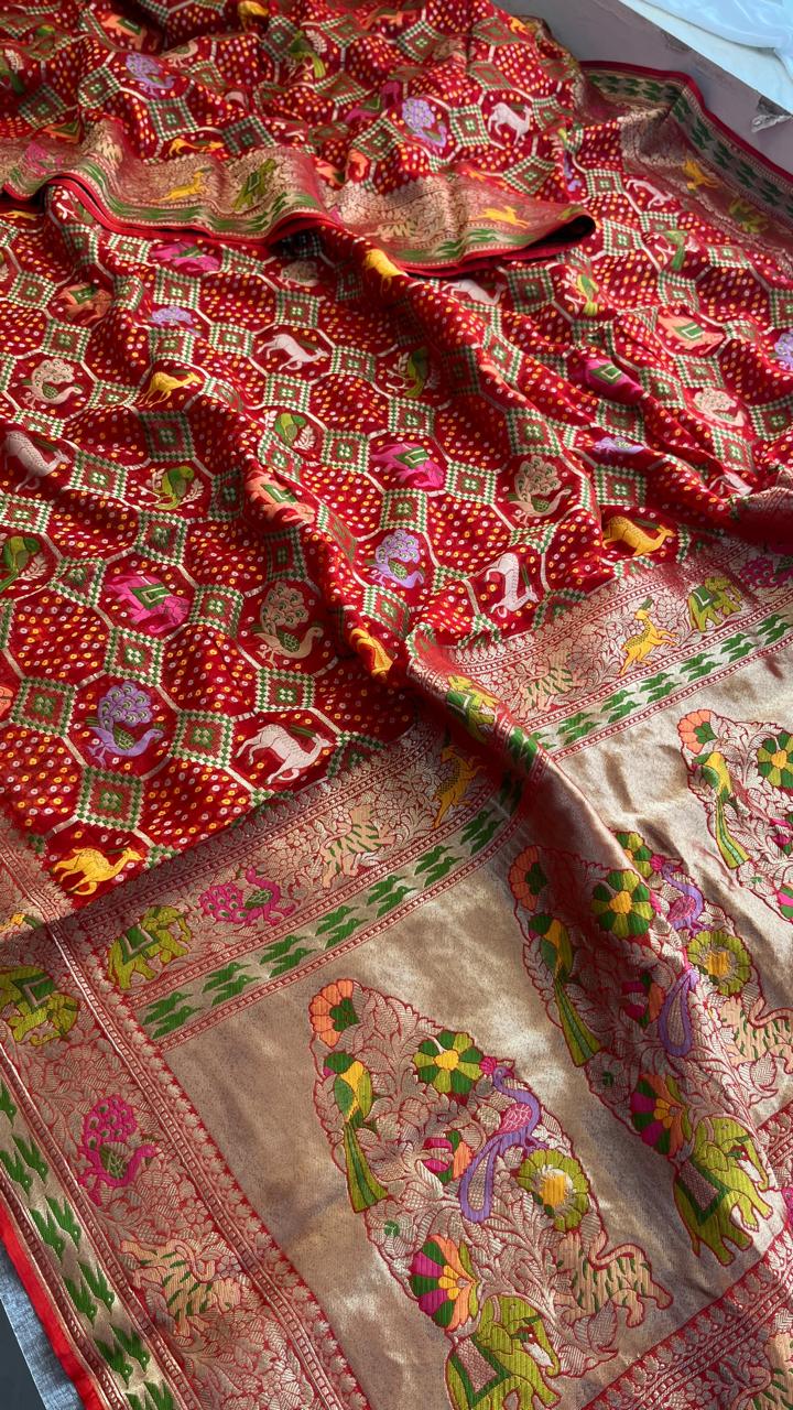 Pure Heavy Khaddi Georgette Saree with Bandhani & Meena Banarasi Weaving