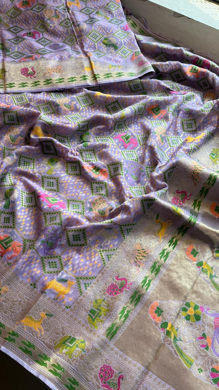 Pure Heavy Khaddi Georgette Saree with Bandhani & Meena Banarasi Weaving