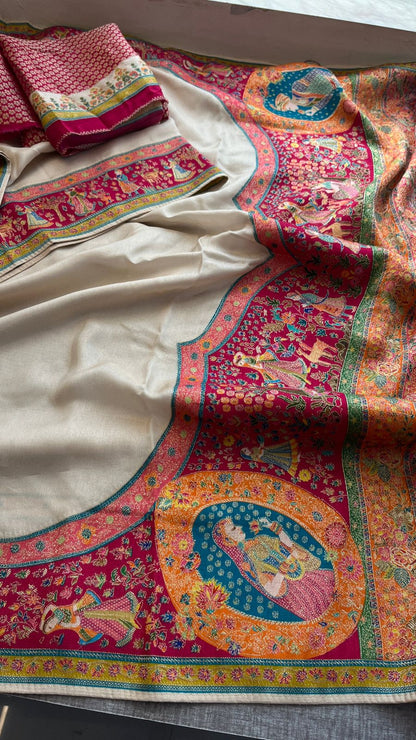 Pure Munga Tussar Silk Saree with Meena Banarasi Weaving