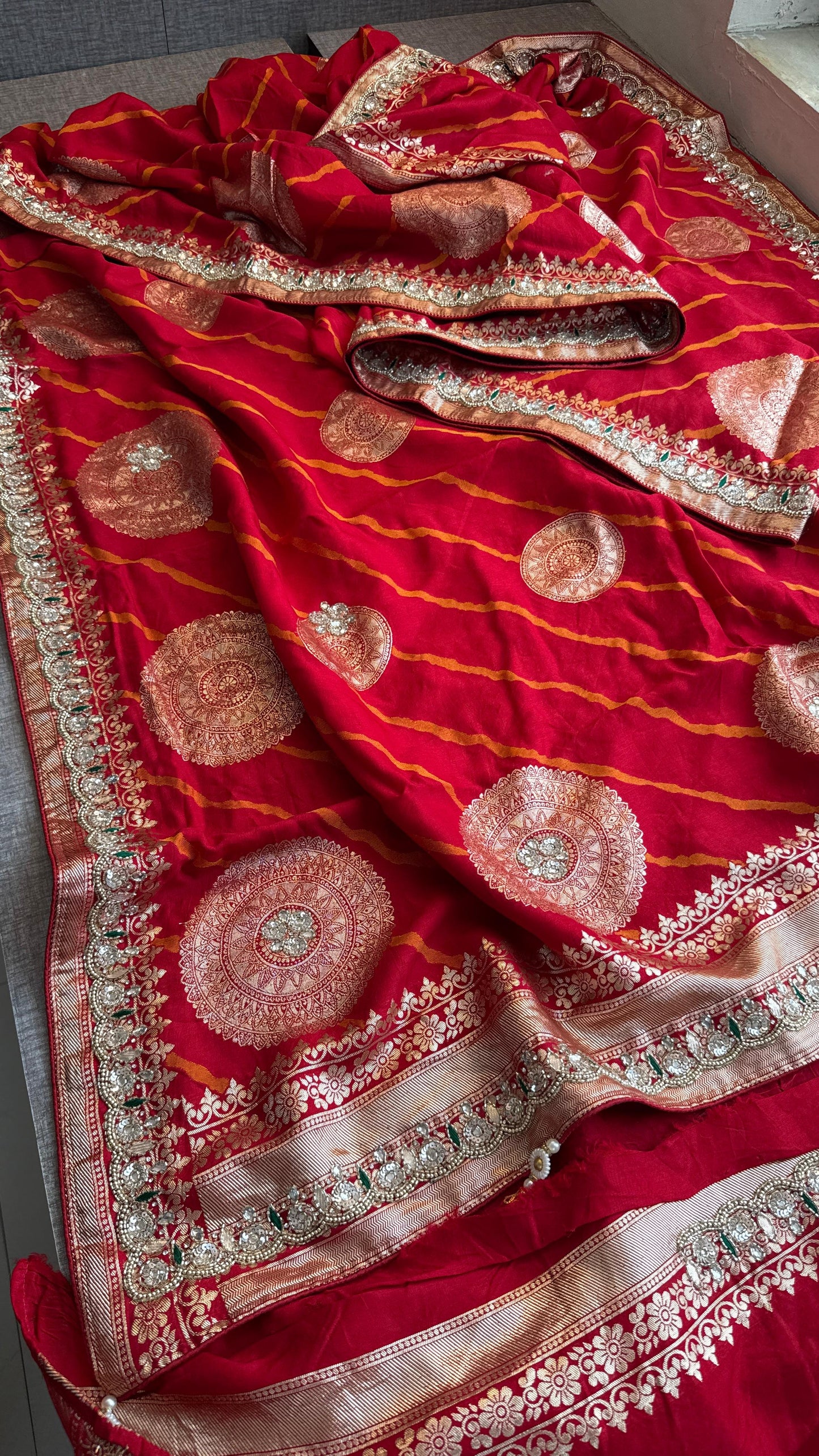 Munga Silk Saree with Zardozi & Pearl Embroidery