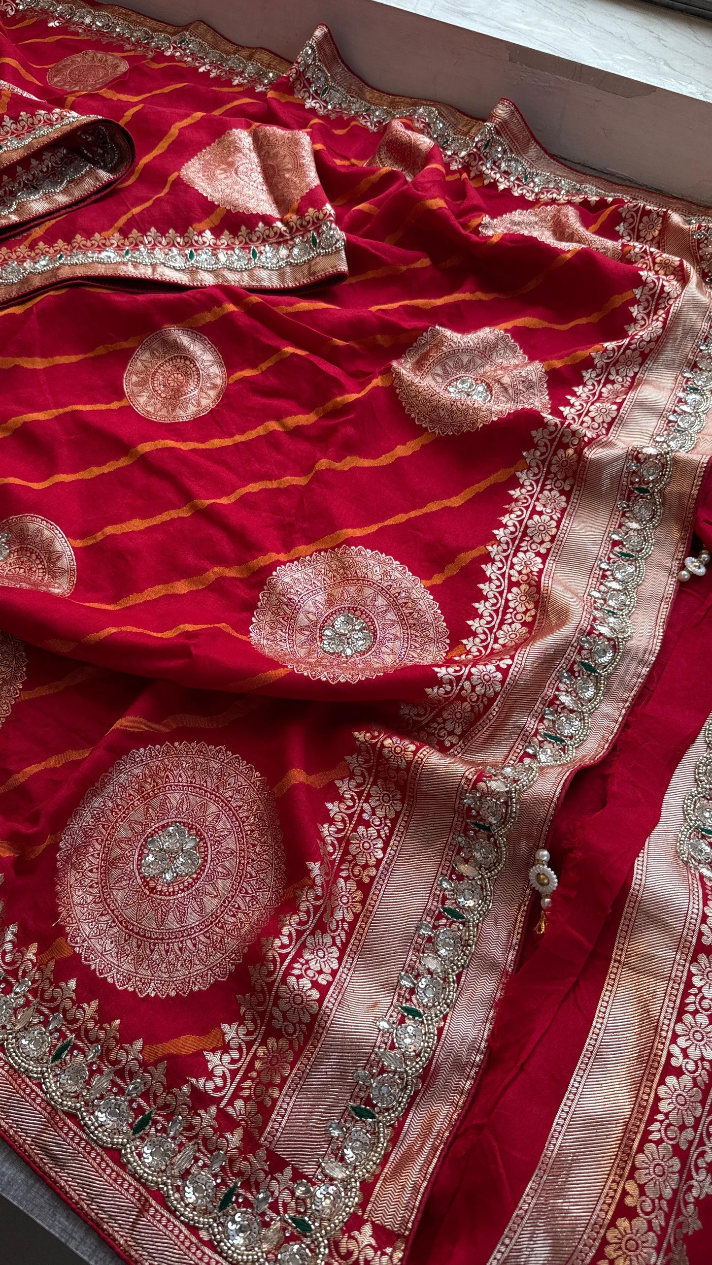Munga Silk Saree with Zardozi & Pearl Embroidery