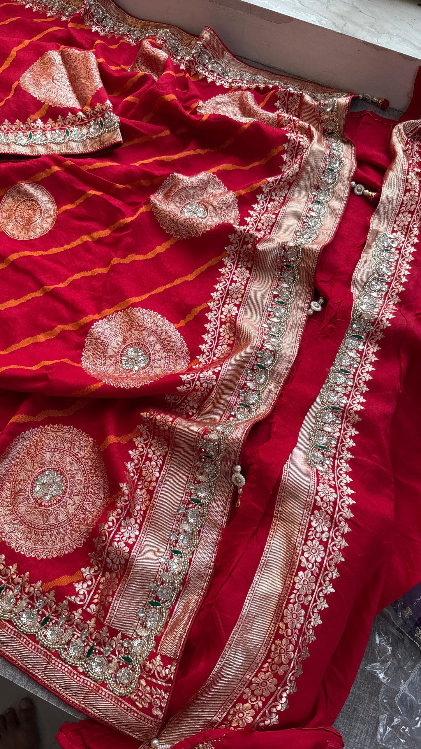 Munga Silk Saree with Zardozi & Pearl Embroidery