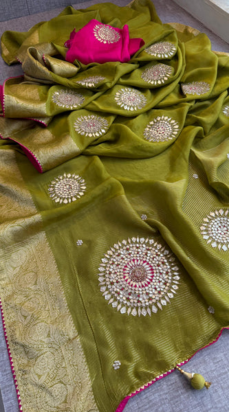 Munga Silk Banarasi Saree with Anchor, Pearl & Zardozi
