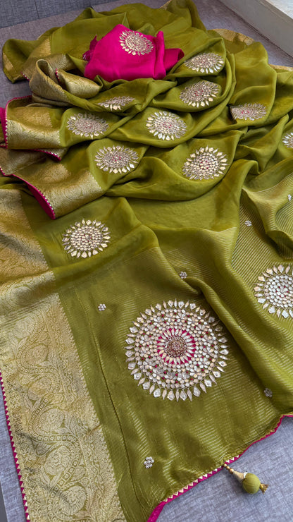 Munga Silk Banarasi Saree with Anchor, Pearl & Zardozi