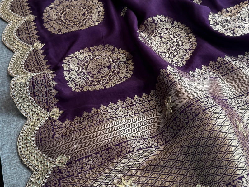 Munga Banarasi Silk Saree with Zardozi & Pearl Embroidery