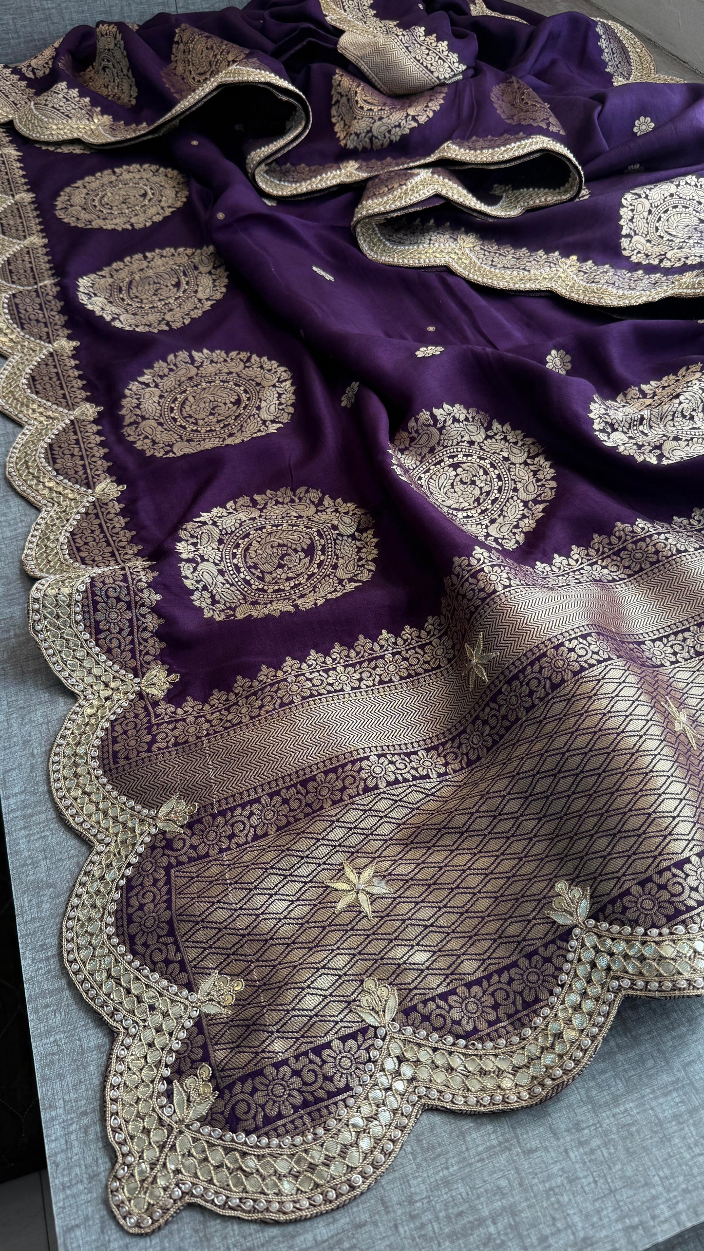 Munga Banarasi Silk Saree with Zardozi & Pearl Embroidery