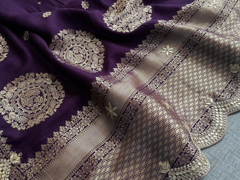 Munga Banarasi Silk Saree with Zardozi & Pearl Embroidery